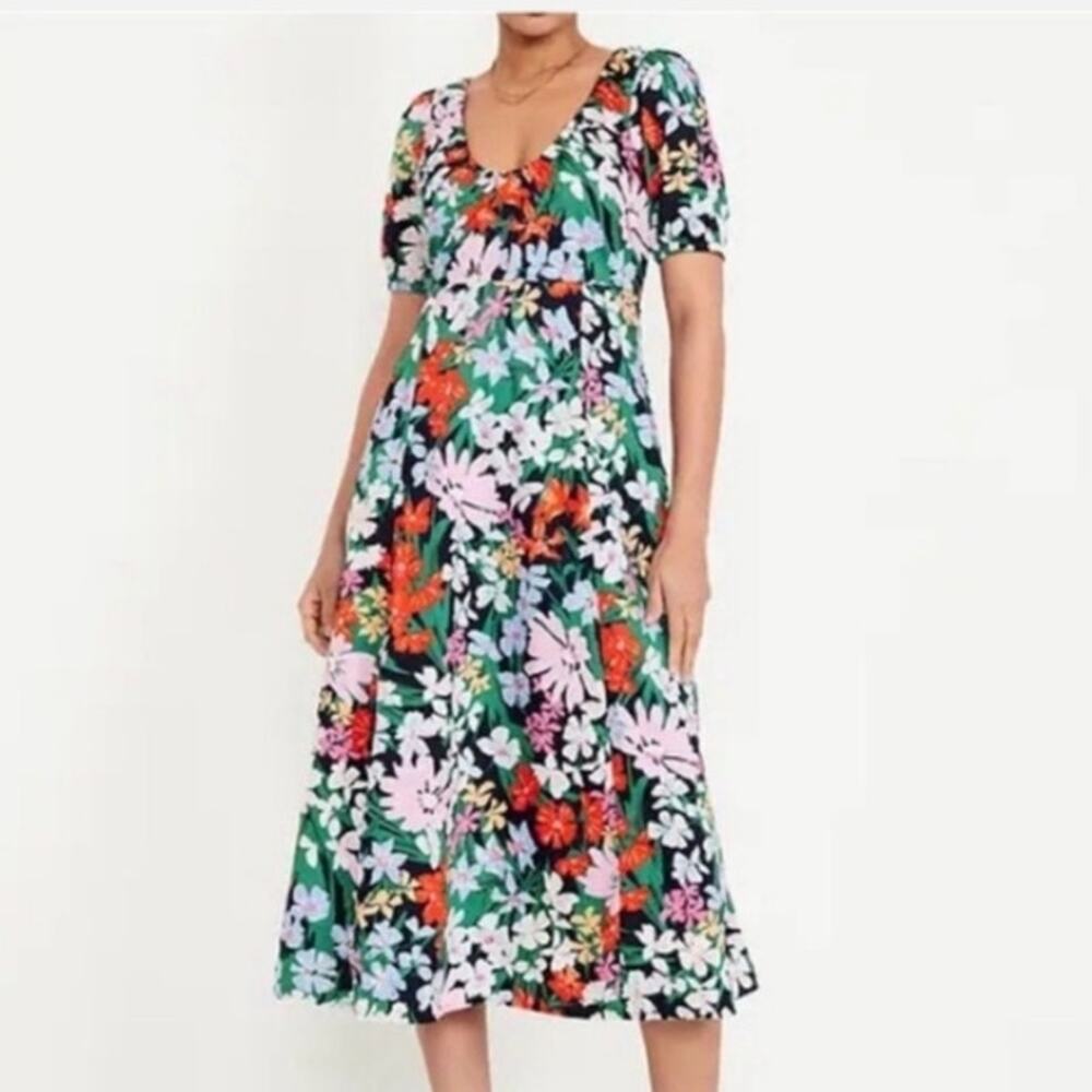 Old Navy floral puff sleeve midi swing dress smocked cotton boho XL garden party